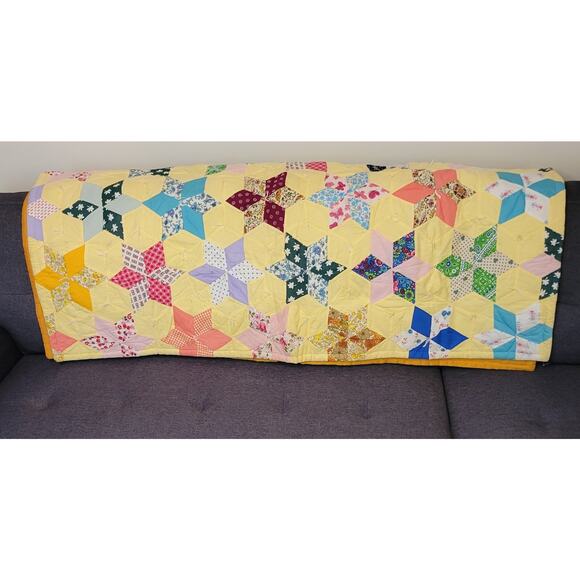 Vintage Star Pattern Hand Made Quilted Throw Blanket 51 x 44 Granny Backed Tied - Picture 2 of 7
